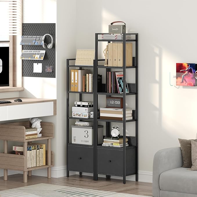 Bookshelf, 6-Tier Bookcase with Drawer, Small Book Shelf for Small Space, Storage Shelf Organizer, for Living Room, Bedroom, Study, Kitchen, Black BKHB66101
