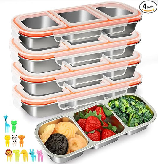4 Pack Bento Box,Stainless Steel Snack Containers With Lids,Leak Proof Metal Lunch Box with 3 Compartments,Reusable Lunch Meal Prep Containers for office,Work,Travel For Adults Little One