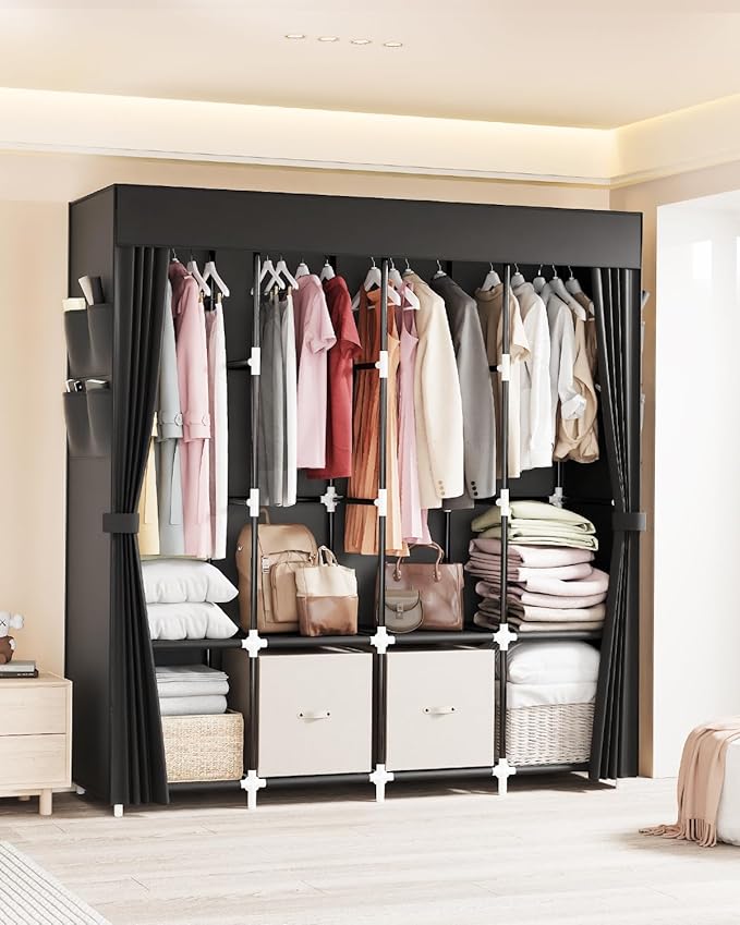 Mavivegue Clothes Organizer with 4 Hanging Rods, Portable Closet Wardrobe, Non-Woven Fabric Cover, Large Capacity Storage for Bedroom and Living Room,Black, 67" W x 17" D x 67" H