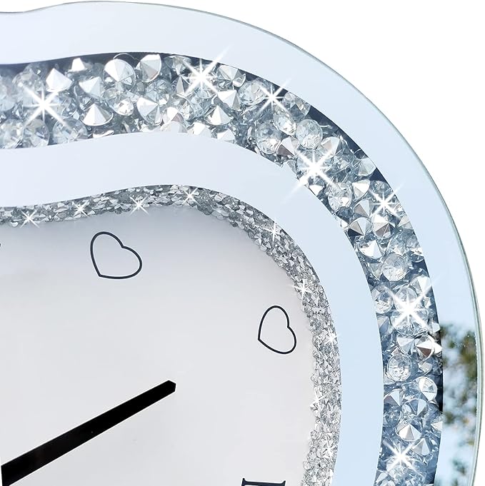Wall Clock, Heart-Shaped Mirror Wall Clock, Cute Diamond 12-inch Non-Ticking Clock for Wall Décor, Perfect Home Decor for Bedroom, Dining Room(Excluding Batteries.)