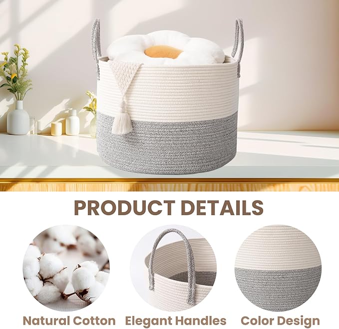 Woven Blanket Basket,115L Large Rope Storage Bin with Handles, Organizer for Blankets Toys Book and Clothes, Laundry Basket for Living Room Bedroom Nursery,White&Grey