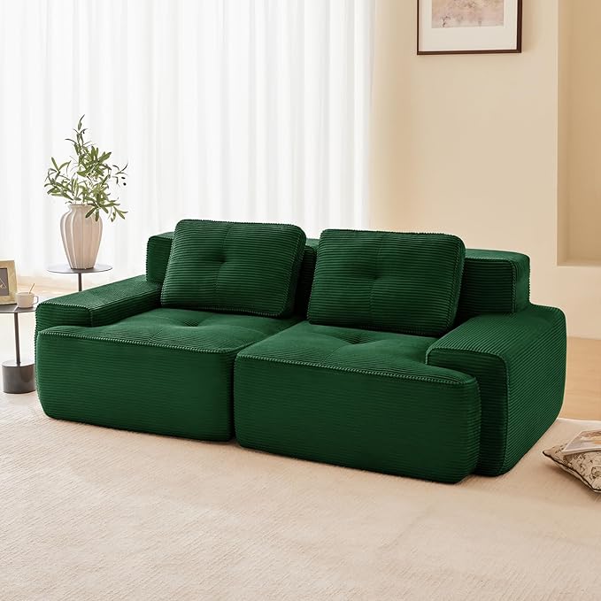 80" Modern Compressed Boneless Love Seat Couches, 2 Seater Large Sectional Couches for Living Room, Green Corduroy Cloud Modular Sectional Sofa, Memory Foam, Extra Deep Loveseat, No Assembly