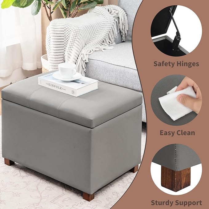 Joveco 32" Leather Storage Ottoman Bench, Rectangle Foot Rest Stool for Living Room, Bedroom, Entryway, Grey