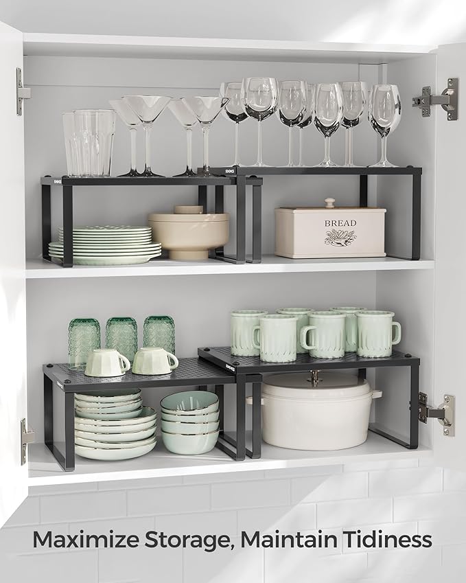 SONGMICS Spice Racks, Set of 2 Metal Cabinet Shelf Organizers, Countertop Organizers, Shelf Risers, Stackable, Expandable, Ink Black UKCS001B01