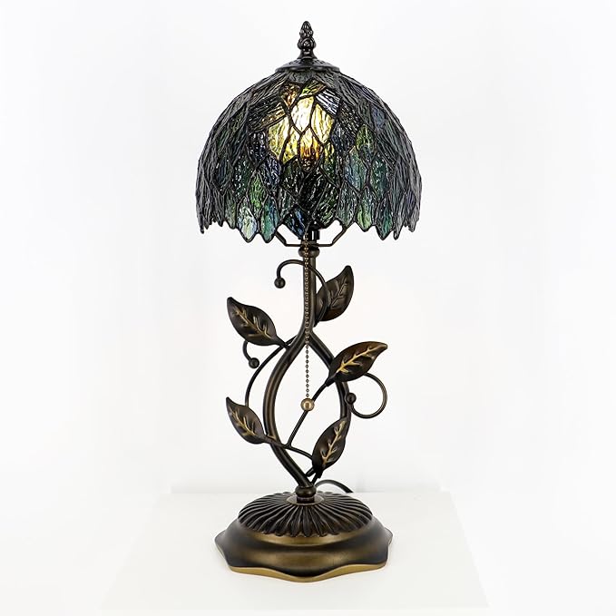 Small Tiffany Lamp Multicolor Leafage Style Stained Glass Table Lamps Desk Bedside Reading Light 8X8X18 Inches with Bronze Metal Leaf Resin Base