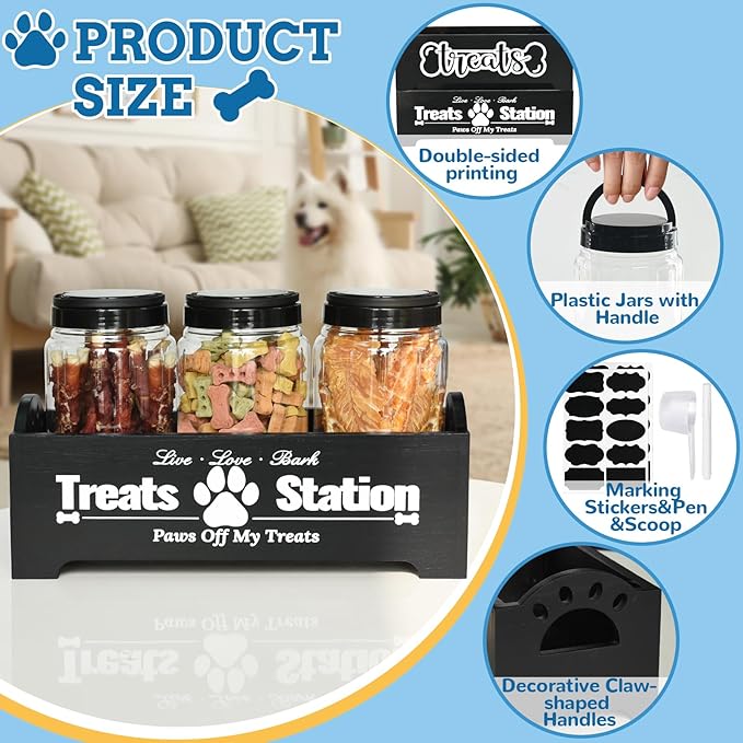 Dog Treat Container Dog Food Container for Dog Food Storage, Farmhouse Cat Food Container Pet Food Storage Organizer, Wood Dog Treat Holder with 3 Plastic Cat Dog Treat Jars, Black Cat Treat Container