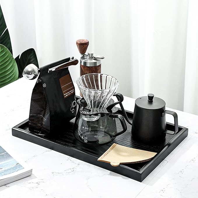 16 x 11 Inches Extra Large Solid Wood Serving Tray for Tea Coffee Table Snack Food Meals Serving Plate Kitchen Party Bar Breakfast Server with Raised Edges Black Wooden Decorative Ottoman Tray