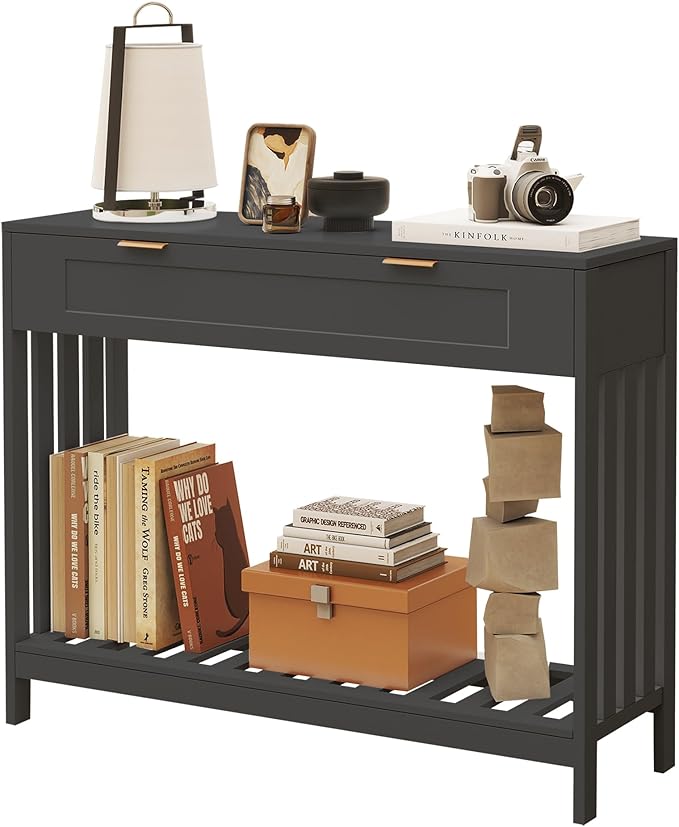 Console Table with Drawers Narrow Entry Table with Large Drawer & Open Storage Slats Shelf, Wooden Long Behind Couch Sofa Table for Living Room,Entryway, Foyer, Hallway(Black)