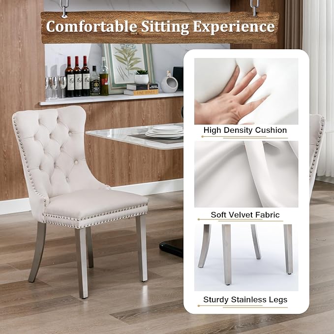 Goujxcy 70" Glass Dining Table Set for 8, Modern Silver Dining Table Set with 8 Beige Velvet Upholstered Dining Chairs, 9 Piece Kitchen Dining Room Table Set with Stainless Steel Legs