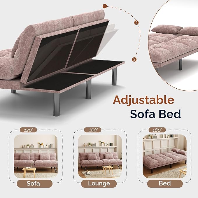 Futon Sofa Bed Convertible 70 inch Solid Wood Couch for Living Room, Chenille Fabric, 2 Cushions (Pink)