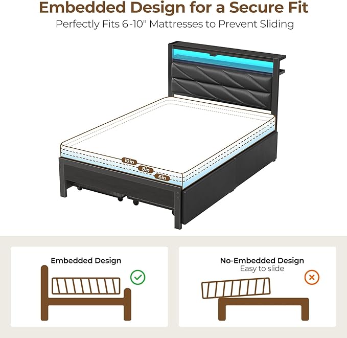 Seventable Twin Bed Frame with 4 Storage Drawers, Charging Station & LED Lights, Upholstered Headboard with 2-Tier Shelves, Metal Platform Bed, No Box Spring Needed, Noise-Free, Black