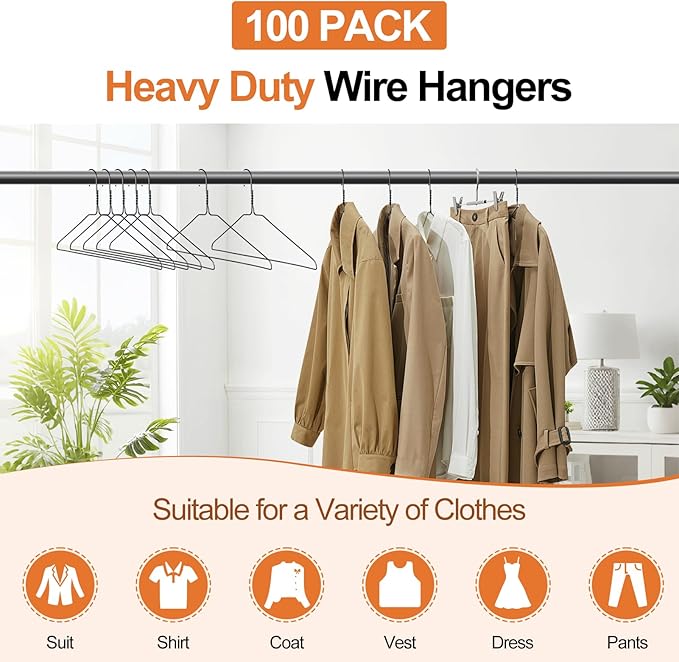 Wire Metal Hangers Bulk 100 Pack, Clothes Hangers Heavy Duty for Coats, Suits, Shirts, Pants, Skirts, Space Saving, Non Slip, Ultra Thin, 16 Inch, Black