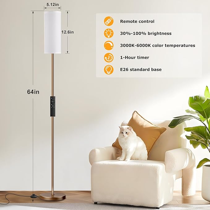 Ambimall 64'' Floor Lamps for Living Room with Remote Control and Stepless Dimmable Colors Temperature & Brightness, 9W Bulb Included(White Lampshade & Brown Pole)