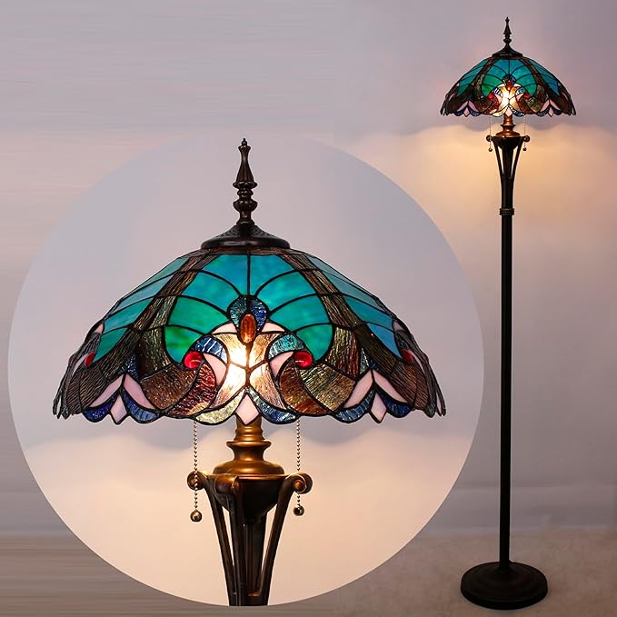 Tiffany Floor Lamp Green Liaison Stained Glass Standing Reading Light 16X16X70 Inches Antique Pole Corner Lamp Decor Bedroom Office Living Room