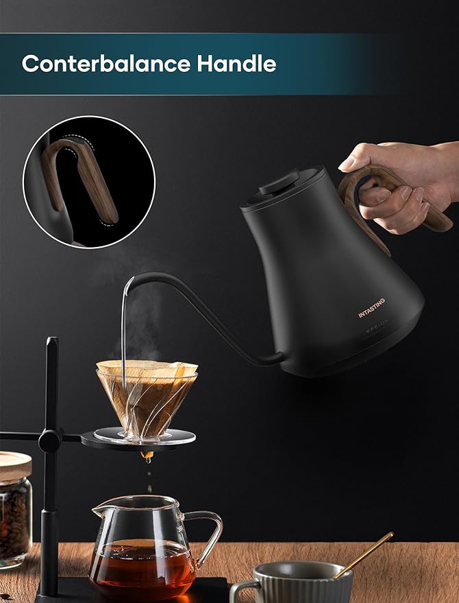 Gooseneck Electric Kettle with ±1℉ Temperature Control for Pour Over Coffee & Tea, Quick Heating, BPA-Free Stainless Steel, Built-in Brew Timer, 1500W/0.9L (Black Walnut)