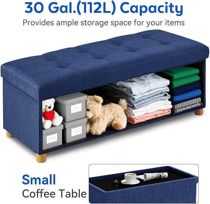 BRIAN & DANY 43 Inches Folding Storage Ottoman Bench, Ottoman with Storage Bench for Bedroom, Living Room, Entryway, Foot Rest with Legs, Blue