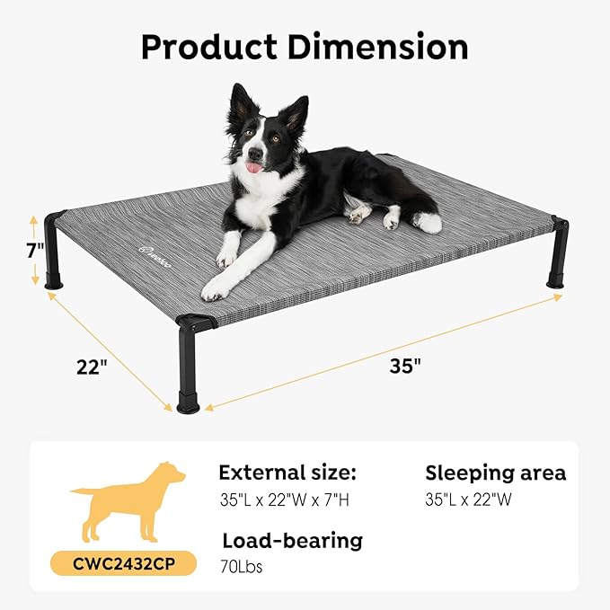 Veehoo Heavy Duty Elevated Dog Bed - Raised With Washable & Breathable Teslin Mesh, Non-Slip Silicon Feet, Cooling Cot for Indoor or Outdoor, 35" x 22", Black Silver, CWC2432