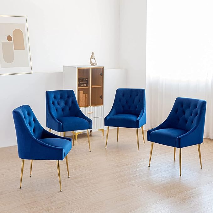 Modern Dining Chairs Set of 6, Mid Century Chairs with 5.12” Cushions and Golden Legs, Velvet Upholstered Dining Chairs with Back Pull Rod, for Kitchen, Living Room (Blue)