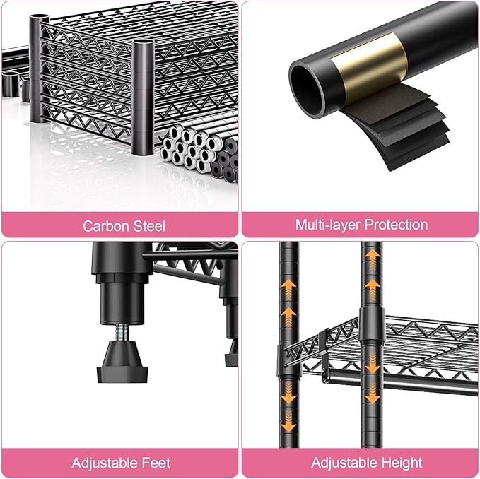 Heavy Duty Rolling Garment Rack 3 Tiers Adjustable Wire Shelving Clothes Rack with Rods Storage Closet Clothing Rack Black 15.7" D x 70.8" W x 76.5" H