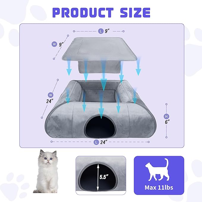 Indoor Cat Cave Bed, Sturdy and Scratch Resistant Removable Cat Tunnel Bed with Removable Soft Pad,Suitable for Small Cats (Gray)