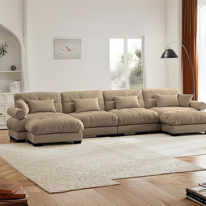 166" Oversized Camel Velvet Cloud Couch - 4 Seater Modular U Shaped Sectional Sofa Set with Ottoman for Living Room
