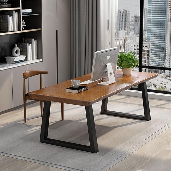 Modern Solid Wood Executive Desk – Spacious and Minimalist Home Office Workstation Perfect for Writing and Professional Use (Light Brown, 55.12)