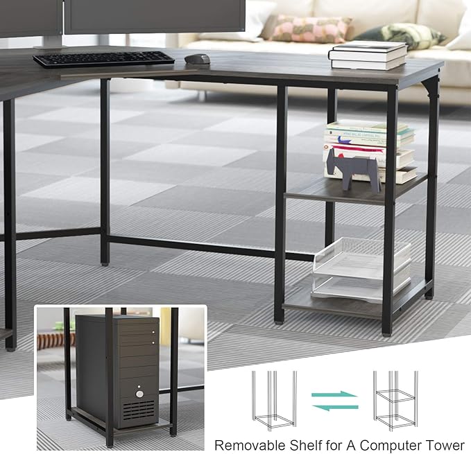 Elephance Large L-Shaped Computer Desk with Shelves, Corner Desk, Home Office Writing Workstation, Gaming Desk PC Latop Table with Storage