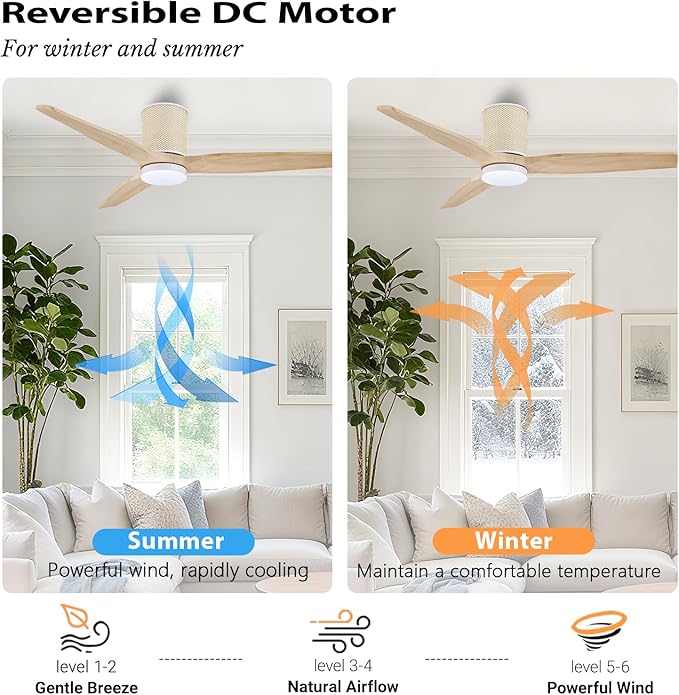 52" Ceiling Fan with Light - Low Profile Flush Mount Ceiling Fan, 6-Speed Remote Control, Solid Wood, Quiet Reversible DC Motor, Boho Style, for Bedroom, Living Room, Porch, Light Oak/White