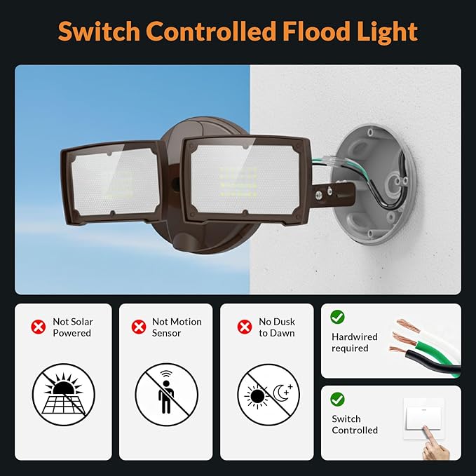 LEPOWER 3000LM LED Flood Light Outdoor, Switch Controlled LED Security Light, 28W Exterior Lights with 2 Adjustable Heads, 5500K, IP65 Waterproof for Garage, Yard, Patio Brown