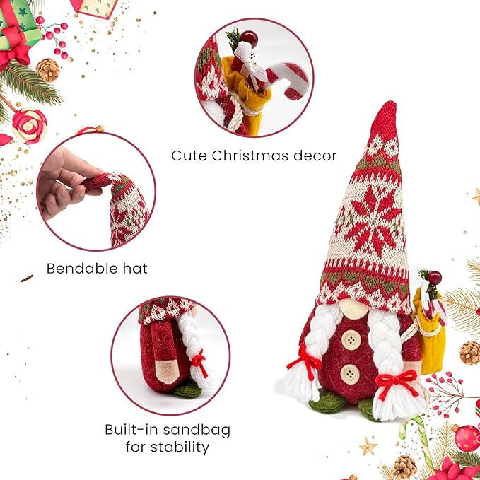 2PCS 9.5 Inch Christmas Gnome Plush Decorations, Handmade Scandinavian Tomte Elf Figurines with Gift, Nordic Xmas Gnome Ornaments for Holiday Home Table Office Decor