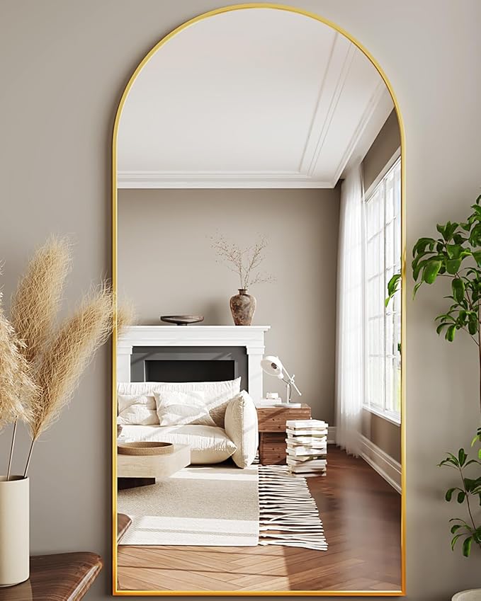 Full Length Mirror, 78"x38" Arched Floor Mirror Freestanding, Floor Standing Full Body Mirror with Stand for Bedroom, Hanging Mounted for Living Room Cloakroom, Gold