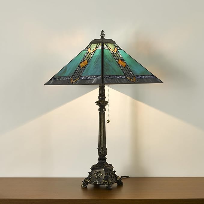 Tiffany Table Lamps Blue Stained Glass Striped Checkered Style Mission Desk Lamp 12X12X24 Inch Bronze Resin Base