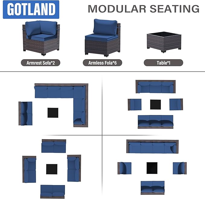 Gotland 9 Pieces Patio Furniture Set with 29.5'' High Backrest, All Weather PE Wicker Outdoor Furniture with 4’’ Thickened Cushions Coffee Table, Patio Set for Deck, Garden, Backyard, Navy