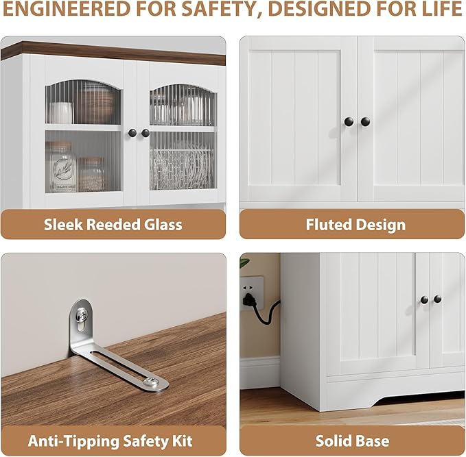 Garvee 71" Pantry Cabinet with Charging Station, Tall Kitchen Pantry Storage Cabinet with Microwave Stand, Farmhouse Kitchen Hutch with Storage Drawers for Living Room, Dining Room, White