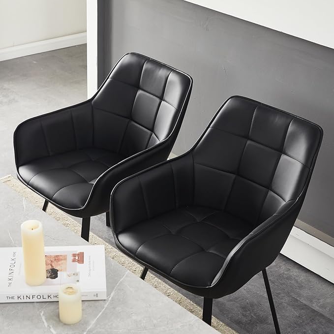 TUKAILAi Swivel Dining Chairs Set of 2, PU Armchairs Upholstered Accent Dining Chairs with Metal Legs, Rotatable Desk Chair for Home Office Kitchen Chair Restaurant (Black)