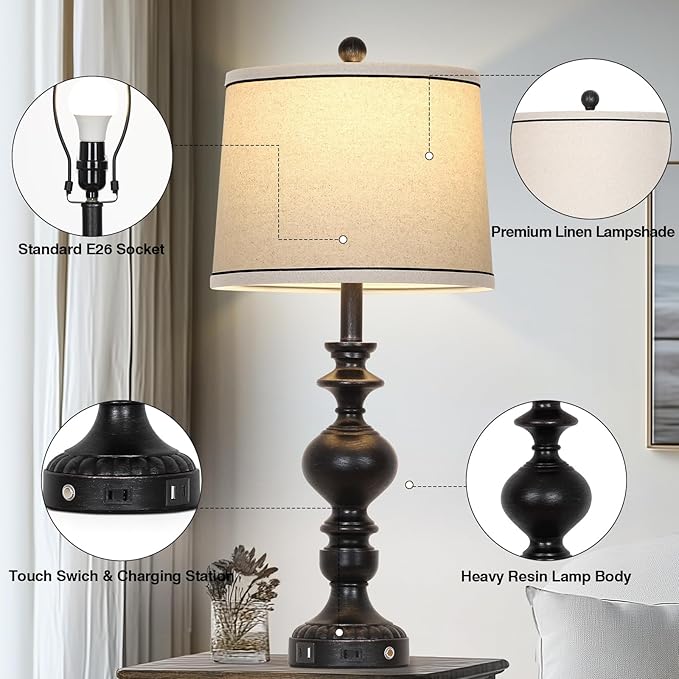 28" Black Farmhouse Table Lamps Set of 2, Rustic Lamp for Living Room with USB C+A Ports & AC Outlet, 3 Way Touch Control Resin Bedside Lamps, Retro Bedroom Lamp for Nightstand Side End Table Desk