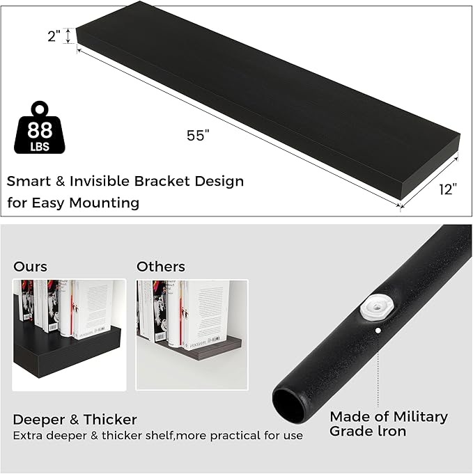 Floating Shelves for Wall, 55 Inch Wide x 12 Inch Deep Floating Shelves, Long Wood Floating Wall Shelf Shelves for Living Room Bathroom Bedroom Kitchen Home - (Black, 55" W x 12" D x 2" H)