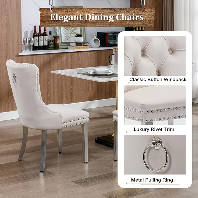 7 Piece Dining Table Set with 6 Beige Dining Chairs, Modern Glass Kitchen Table and Chairs Set for 6, 70" Rectangle Silver Glass Pedestal Dining Room Tables with Ring-Shape Stainless Steel Base