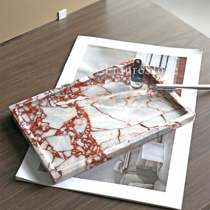 100% Natural Marble Serving Tray Luxury Marble Storage Tray for Home Decor Stone Tray for Bathroom/Kitchen/Vanity/Dresser,Plate Holder for Tissues, Candles, Towel
