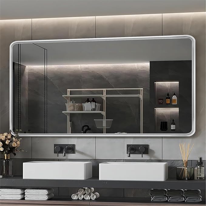 Silver Framed Mirrors for Bathroom,60 x 36 Inch Rounded Conner Rectangle Mirror for Wall, Matte Silver Vanity Mirror with Tempered Glass,Hangs Horizontally or Vertically