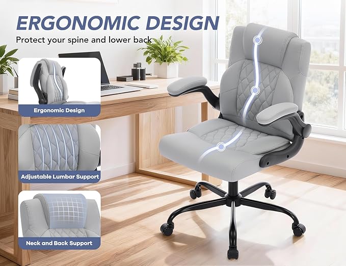 Office Chair with Adjustable Lumbar Support,Leather Ergonomic Computer Desk Chair with Flip-up Arms,Adjustable Tilt Lock,Swivel Rolling Executive PC Chair for Work, Study,Meeting,Small Space.Grey