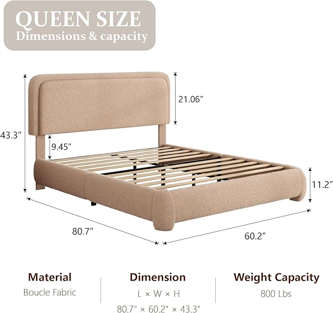 Queen Bed Frame with Headboard Adjustable, Boucle Upholstered Platform Bed Frame Queen Size, Anti-Collision Soft Rounded Corners, No Box Spring Needed, Noise-Free, Easy Assembly, Brown