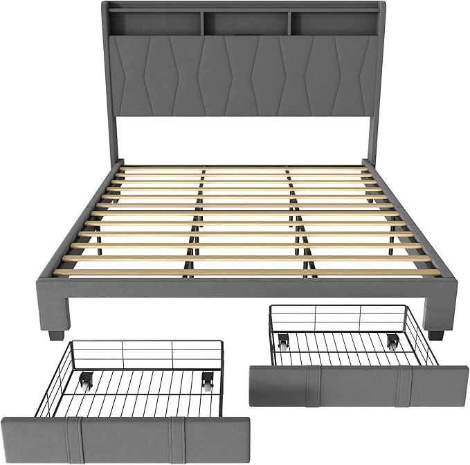King Size Bed Frame, Velvet Upholstered LED Platform Bed with Headboard Storage, King Bed Frame Built-in Charging Station with 2 Drawers, Wood Slat Support, No Box Spring Needed, Grey