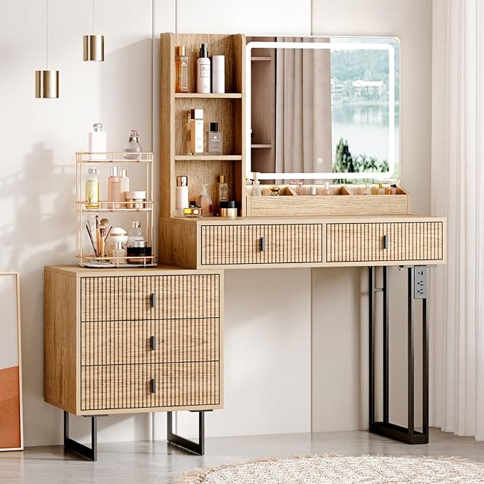 Large Vanity Desk with 3 Color Touch Screen Dimming Mirror, Vanity Desk with Charging Station, Modern Retractable Makeup Dressing Table, Makeup Table With storage shelves and 5 Sliding Drawers, Oak