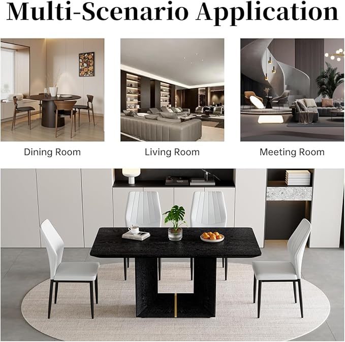 63" Modern Black Dining Table Set for 6 with Chairs, 7 Piece Rectangular Dining Room Table and 6 PU Leather Chairs, Kitchen Dining Set with Matte Wood Finish, Geometric Base, Easy Assembly