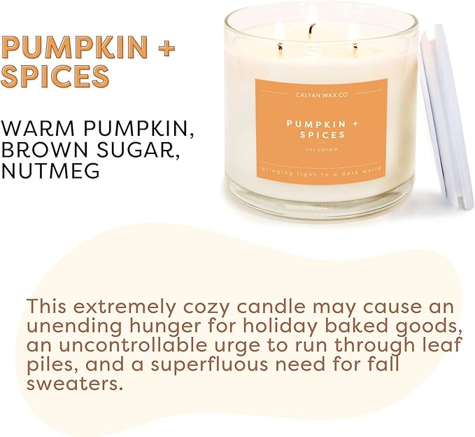 Calyan Wax Co. Pumpkin & Spices 3 Wick Scented Candle - 43 Hour Burn - Luxury 3 Wick Soy Candles - Non Toxic Soy Wax Candles - Long Lasting Large Glass Jar Candle for Home - 14.9oz