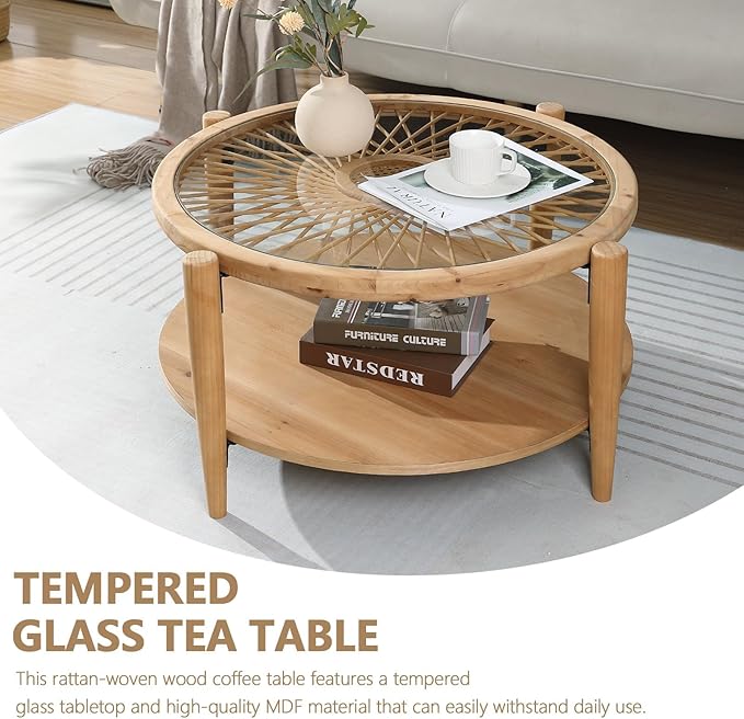 RUSTOWN Rattan Coffee Tables,2-Tier Round Boho Cocktail Tables, Mid Century Modern Coffee Table with Rattan & Tempered Glass Top and Wood Legs, Sofa Table for Living Room(Natural)