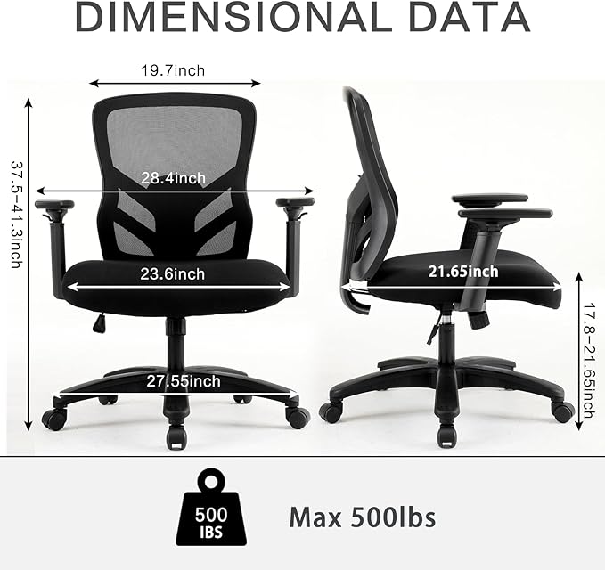 YFO Big and Tall Office Chair 500LBS - Computer Desk Chair with Adjustable Lumbar Support, Heavy Duty Ergonomic Mesh with 360 Rotation 4D Arm and Extra Wide Comfty Seat, Quiet Wheels for Adults