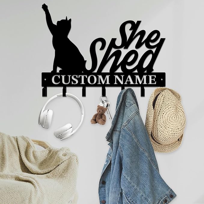 Personalized She Shed Keys Hooks,Custom Name Metal She Shed Art Keys Hooks,Metal She Shed Lover Wall Home Storage Decorative Keys Hooks,Key Holder Hooks for Wall (Style J)
