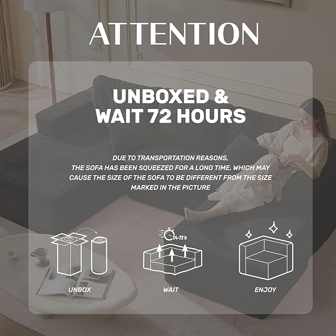 107" Boneless Couch with Deep Seat, Modular Sectional Sofa, Cloud Sectional Couch for Living Room, No Assembly Required, Corduroy, U-Shape 3 Seater Left, Black